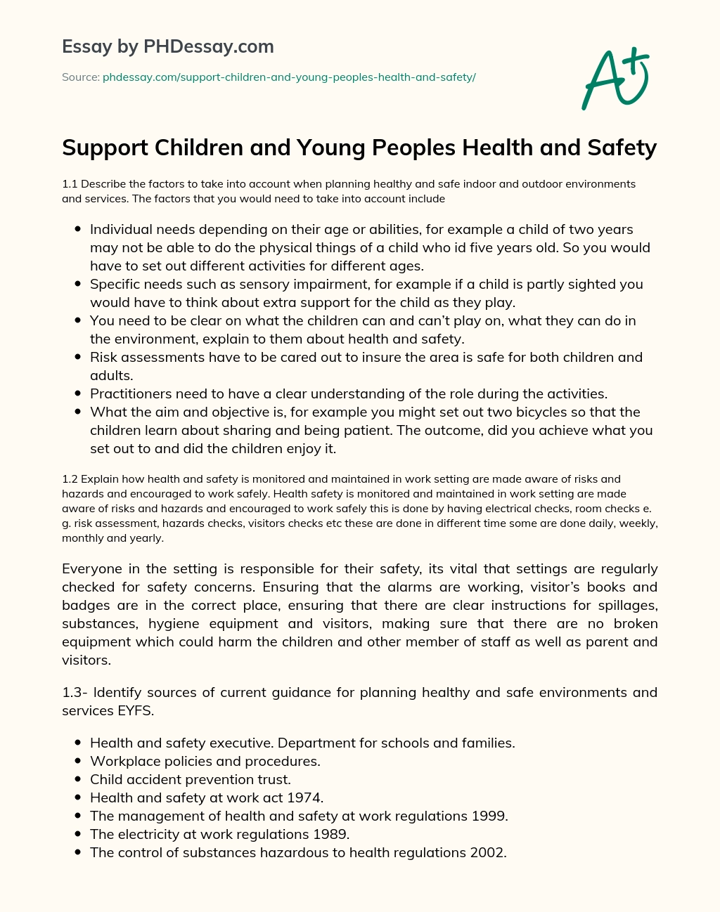 Support Children and Young Peoples Health and Safety essay