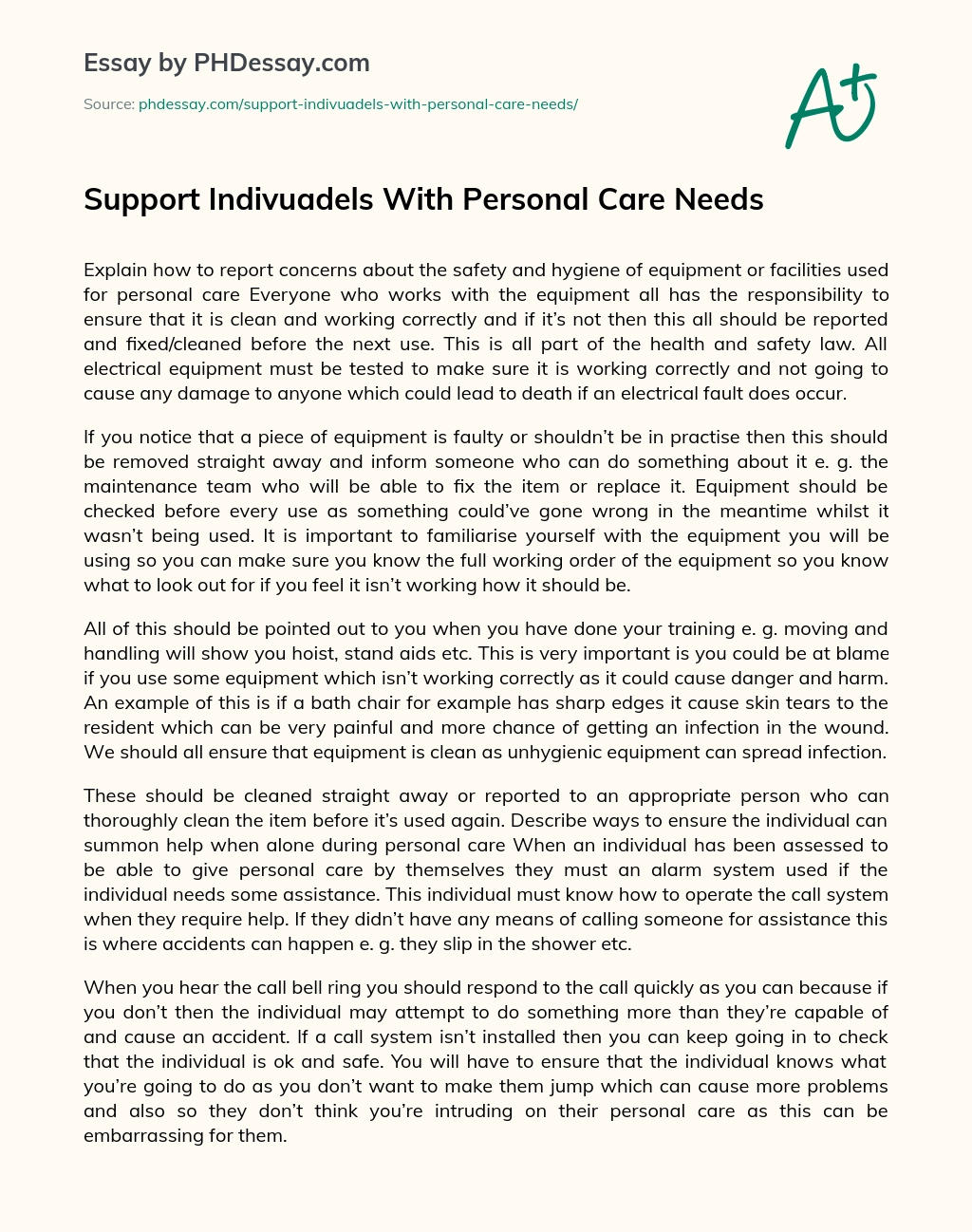 Support Indivuadels With Personal Care Needs essay