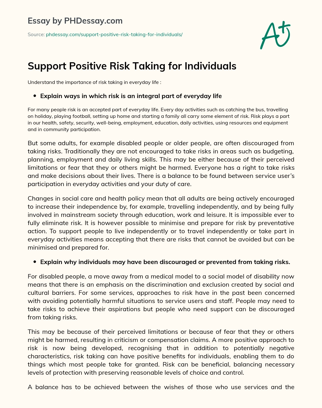 Support Positive Risk Taking for Individuals essay