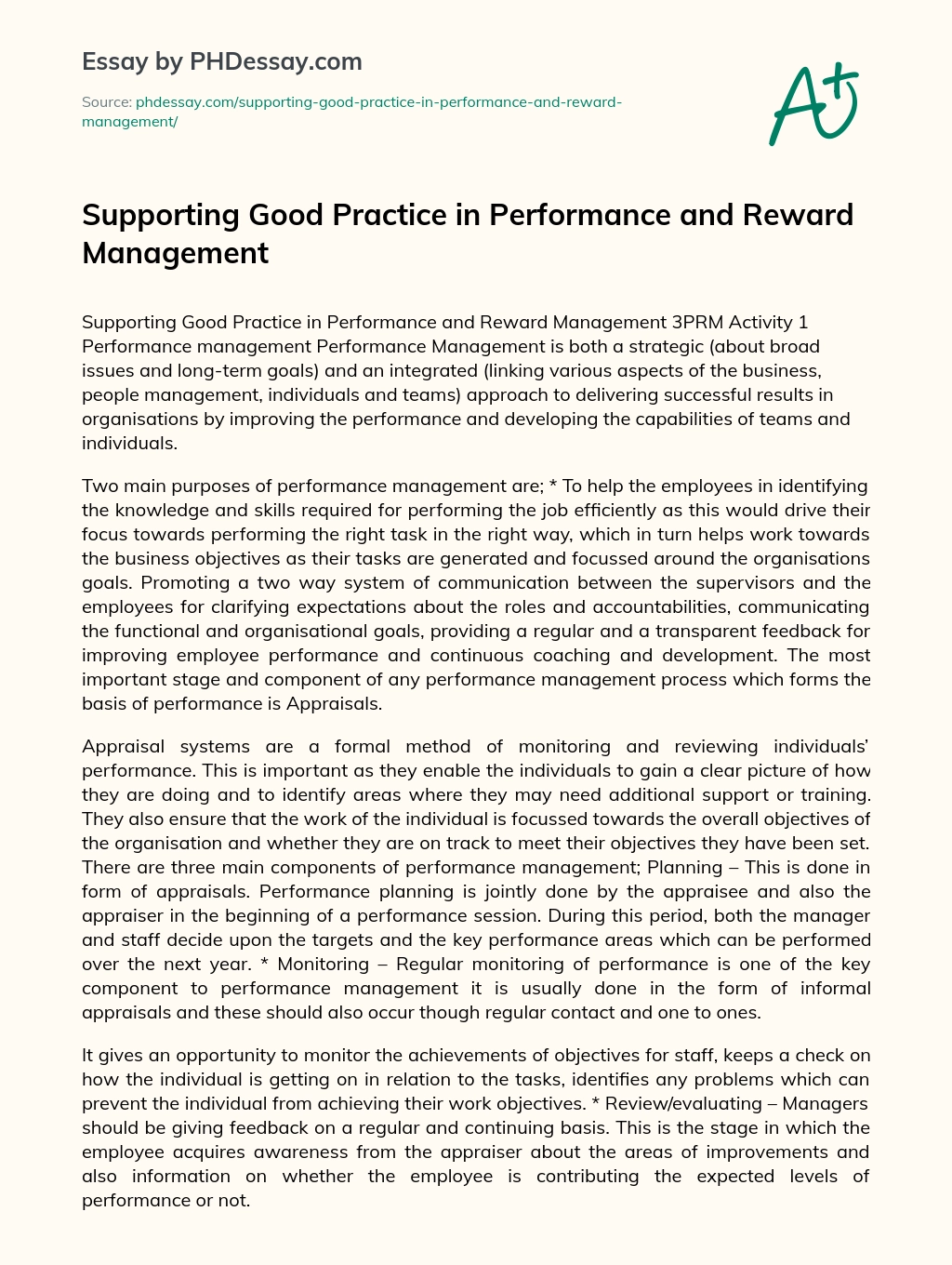 Supporting Good Practice in Performance and Reward Management essay