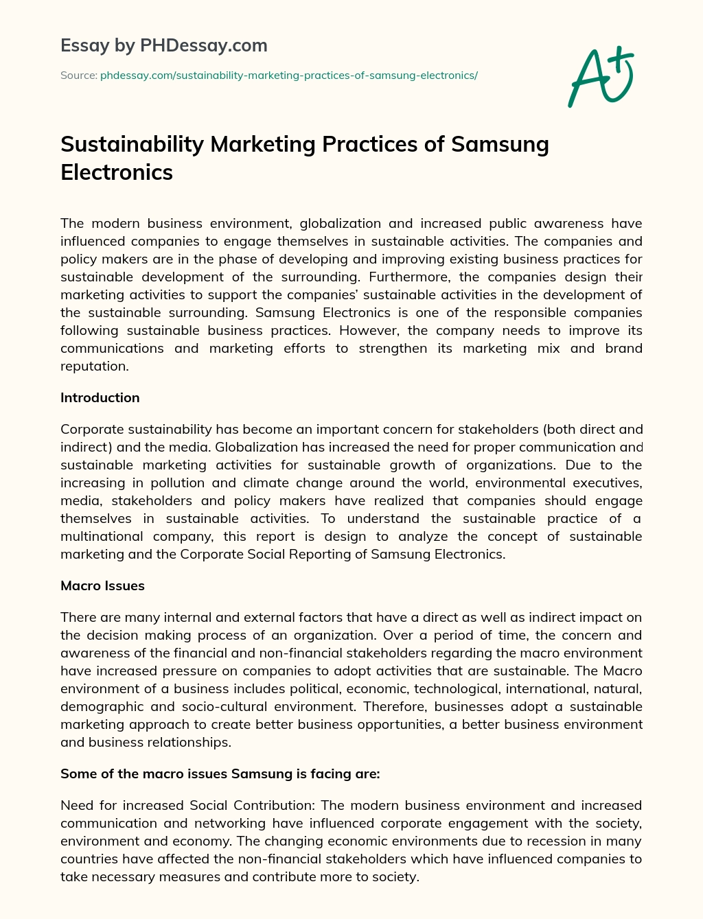 Sustainability Marketing Practices of Samsung Electronics essay