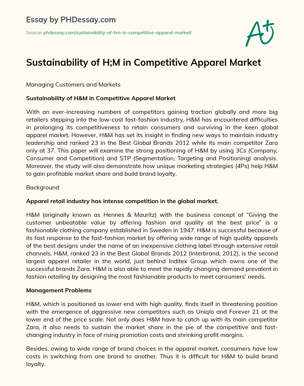 Sustainability of H;M in Competitive Apparel Market essay