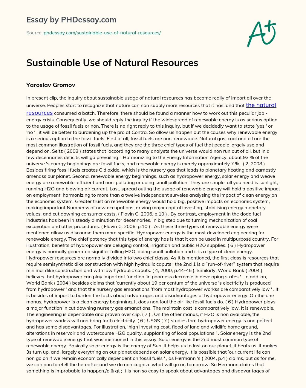 Sustainable Use of Natural Resources essay