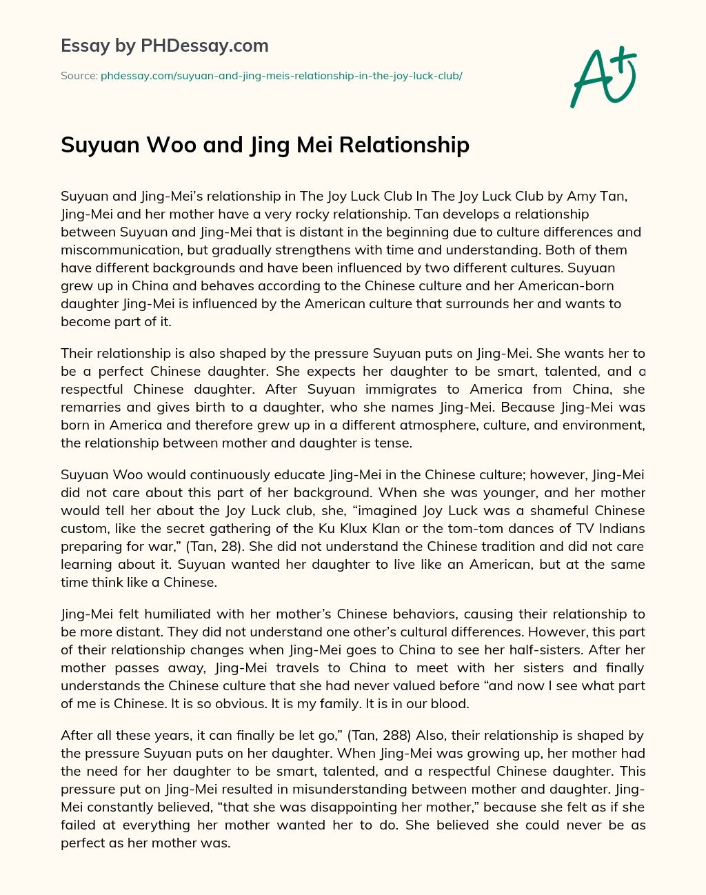 Suyuan Woo and Jing Mei Relationship essay