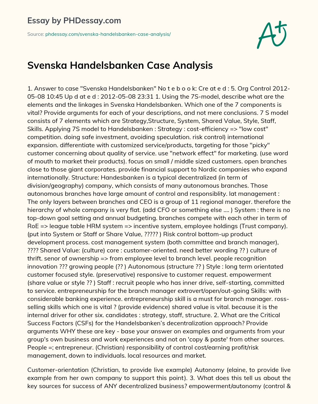 Svenska Handelsbanken Case Analysis essay