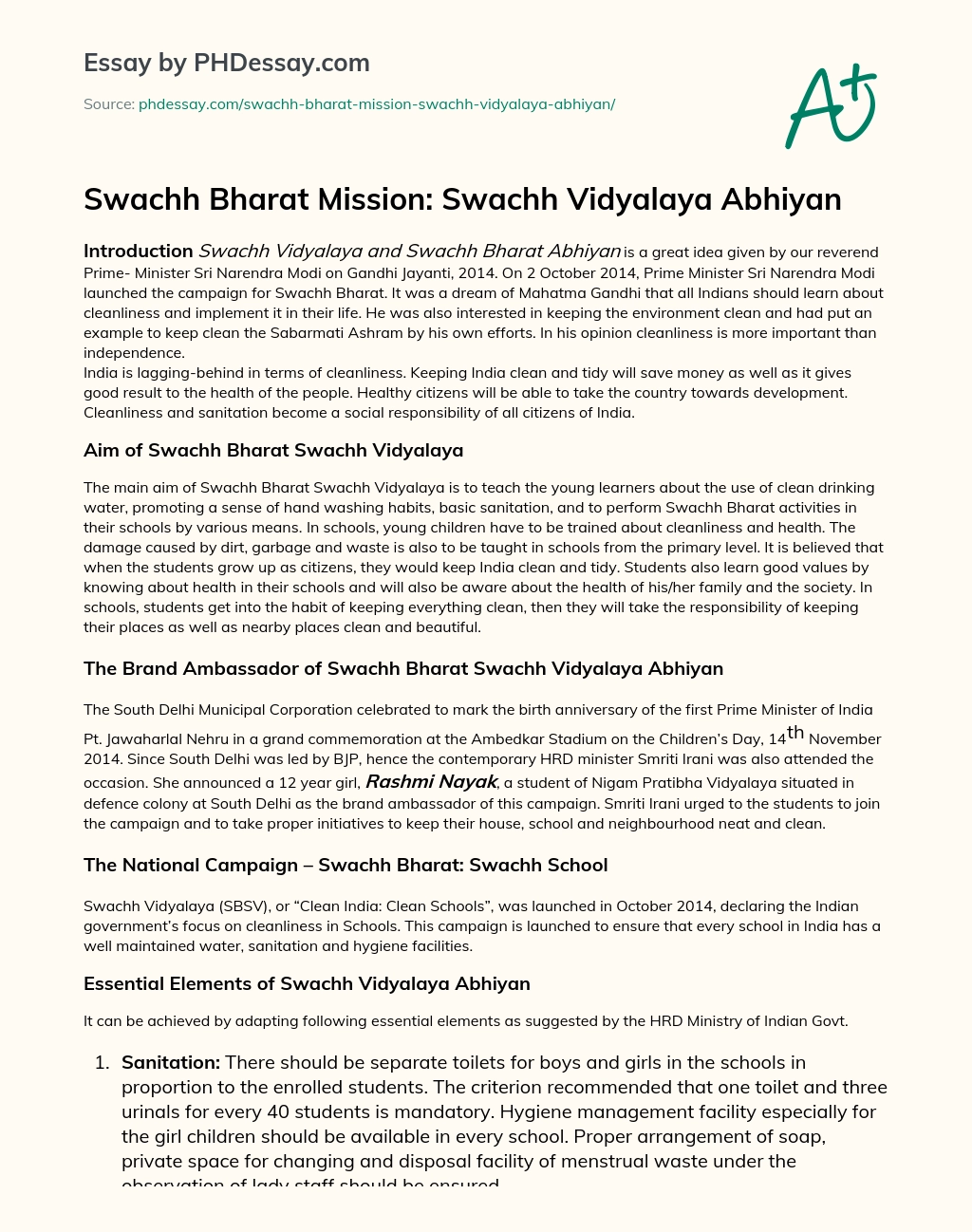 Swachh Bharat Mission: Swachh Vidyalaya Abhiyan essay
