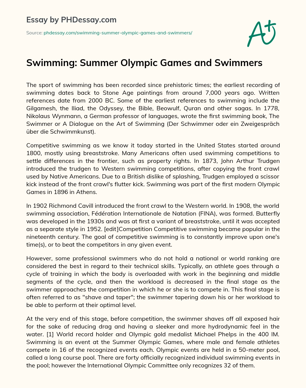 Swimming: Summer Olympic Games and Swimmers essay