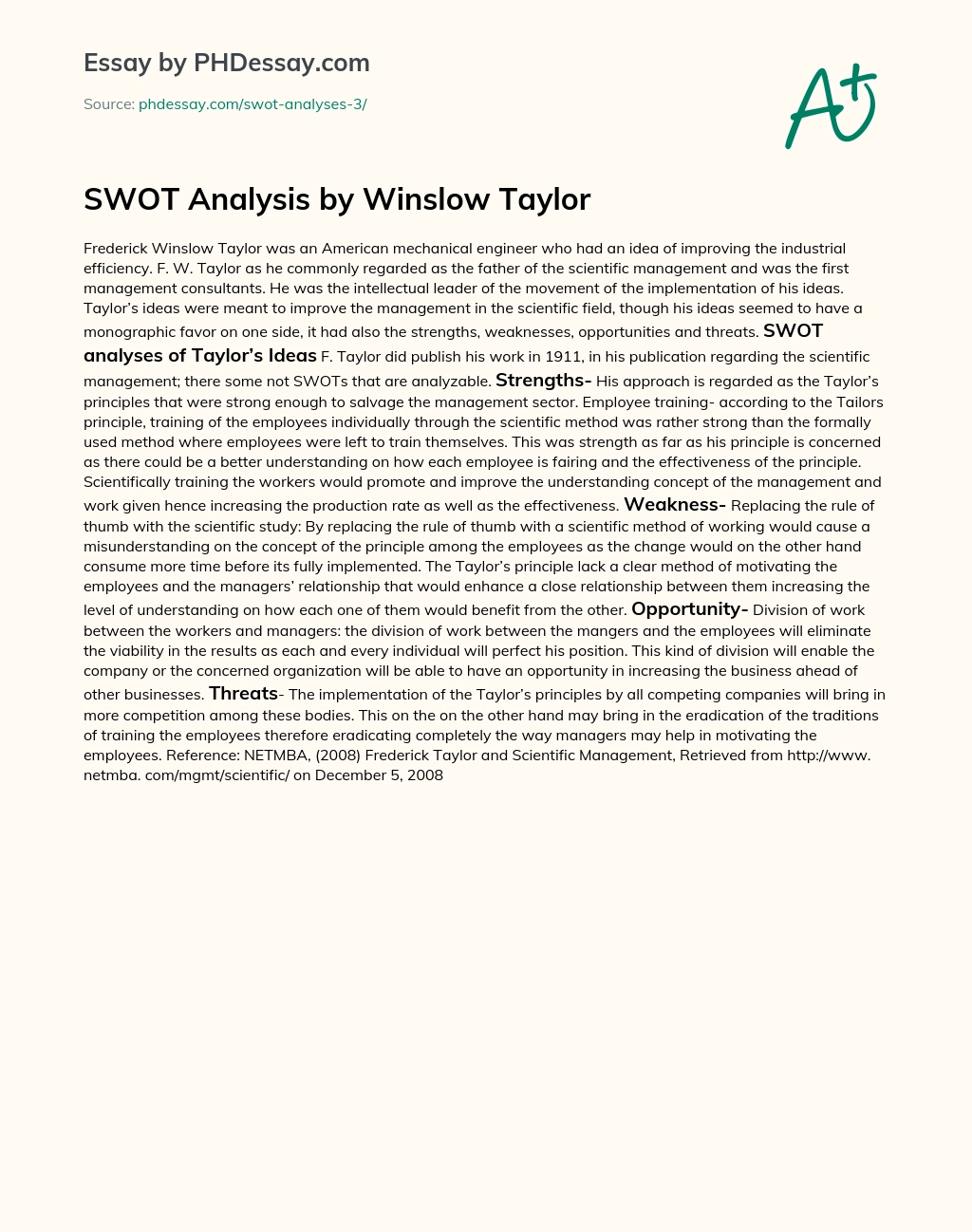 SWOT Analysis by Winslow Taylor essay