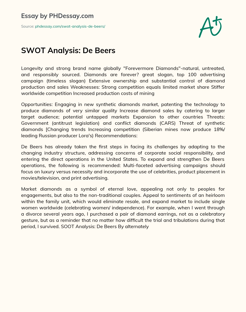 SWOT Analysis: De Beers essay