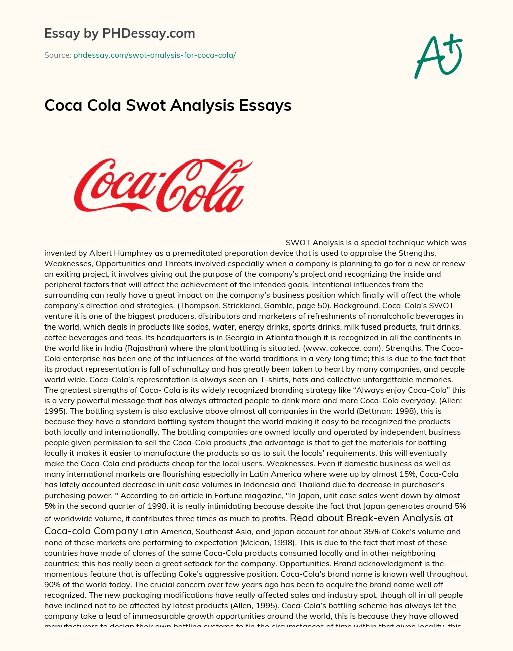 Coca Cola Swot Analysis Essays essay