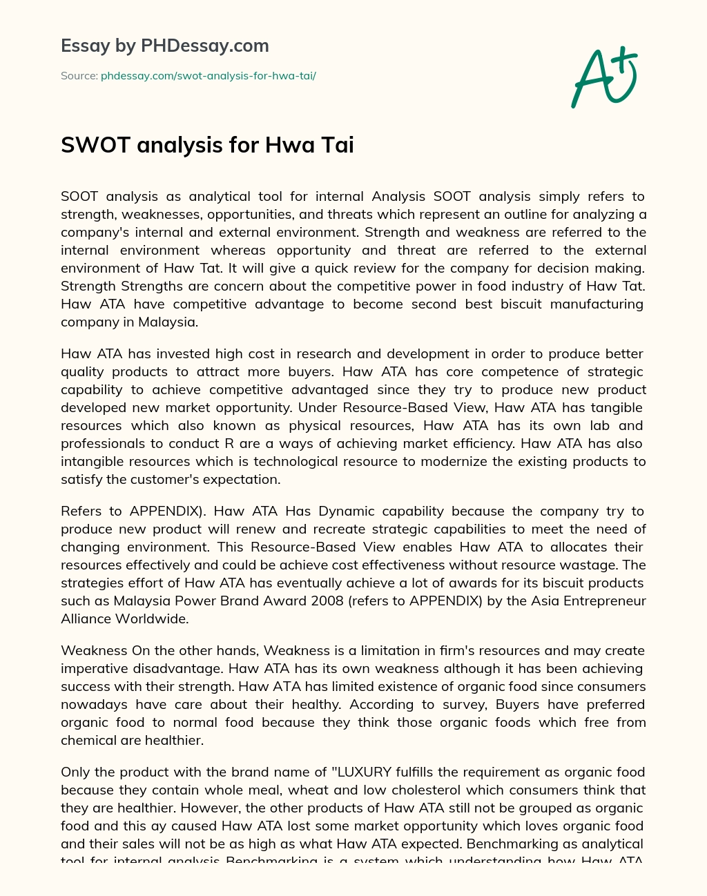 SWOT Analysis for Hwa Tai essay