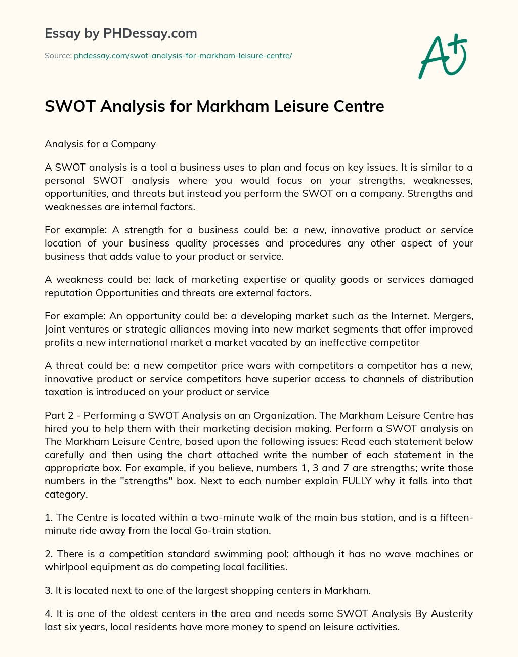 SWOT Analysis for  Markham Leisure Centre essay