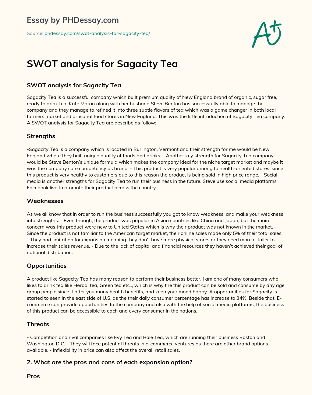 SWOT analysis for Sagacity Tea essay