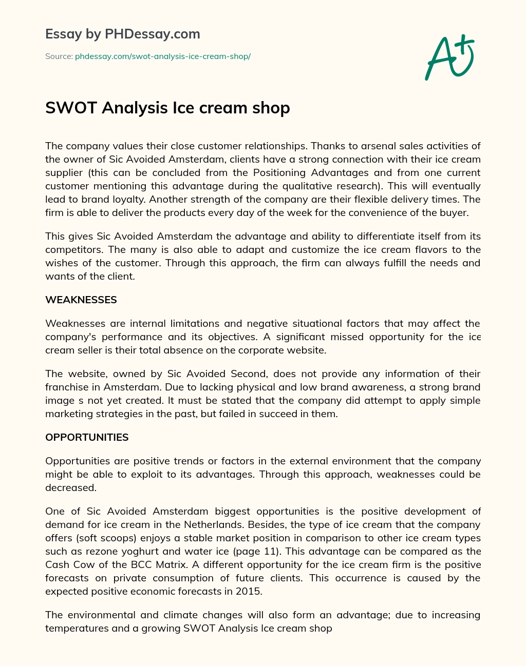SWOT Analysis Ice cream shop essay
