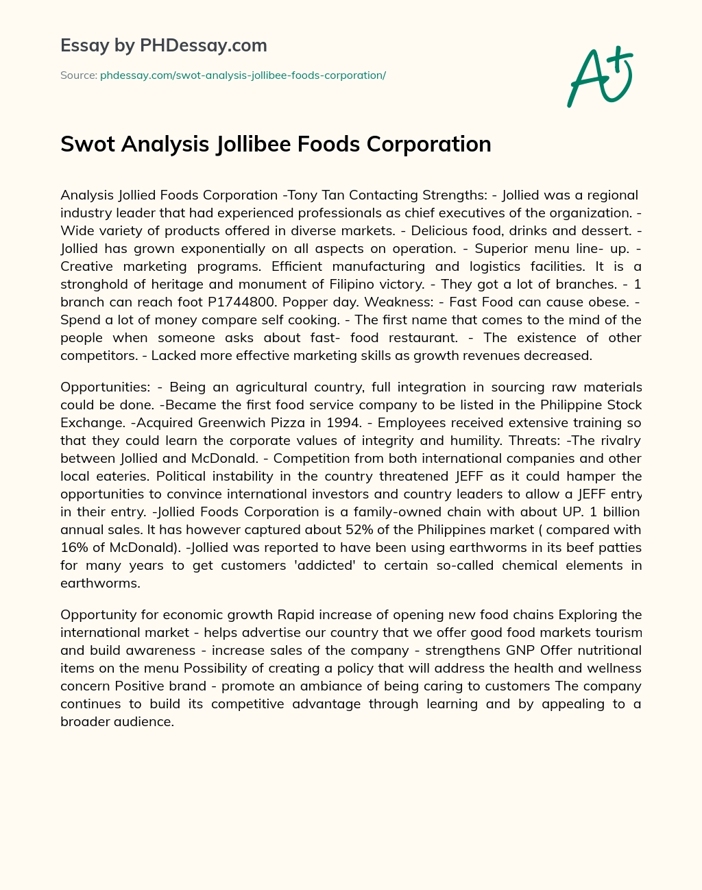 Swot Analysis Jollibee Foods Corporation essay