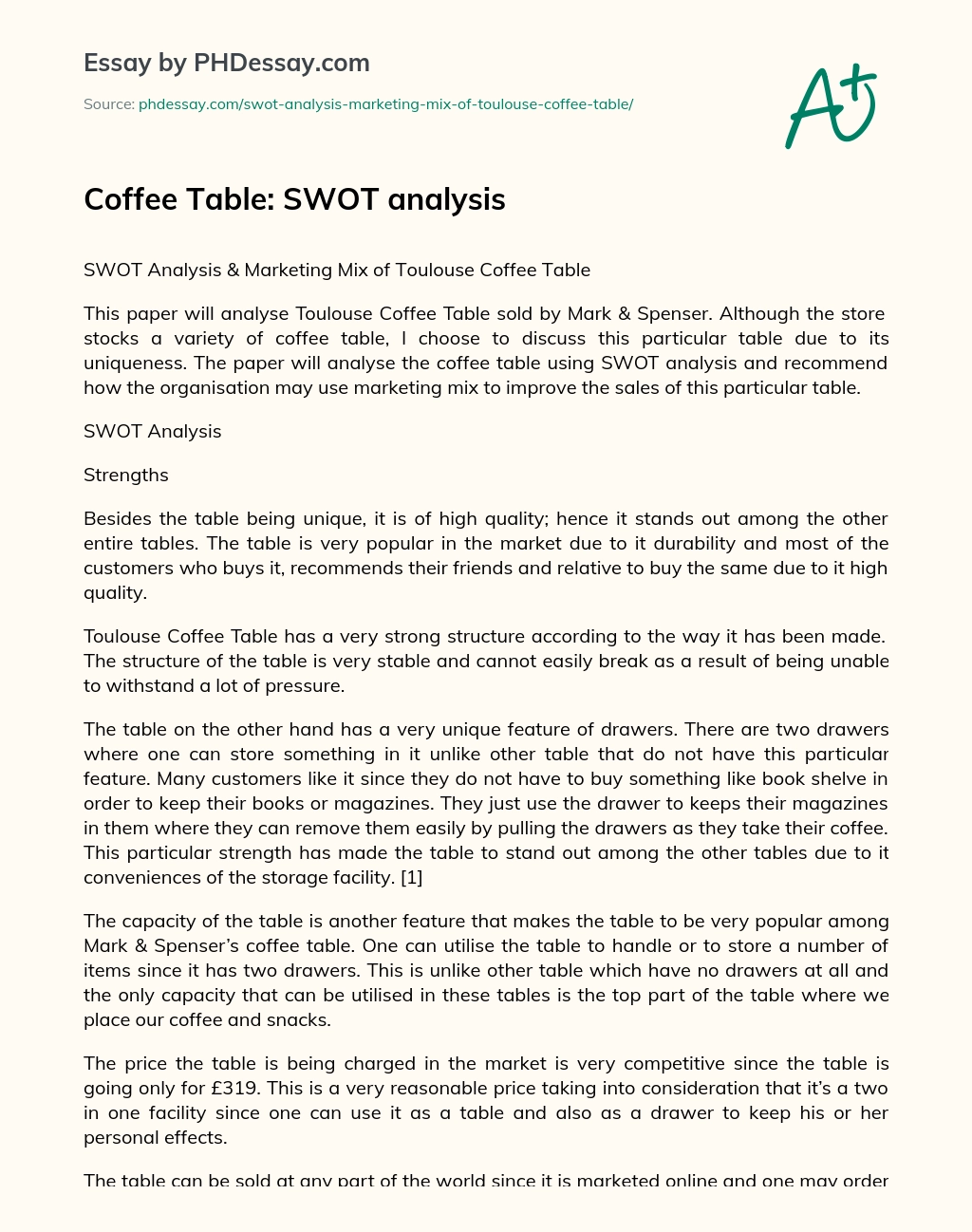 SWOT Analysis & Marketing Mix of Toulouse Coffee Table essay