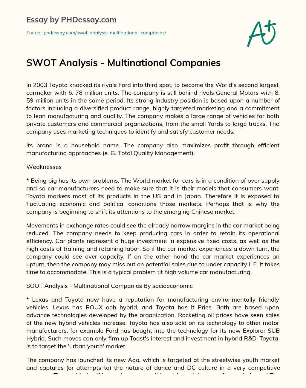 SWOT Analysis – Multinational Companies essay