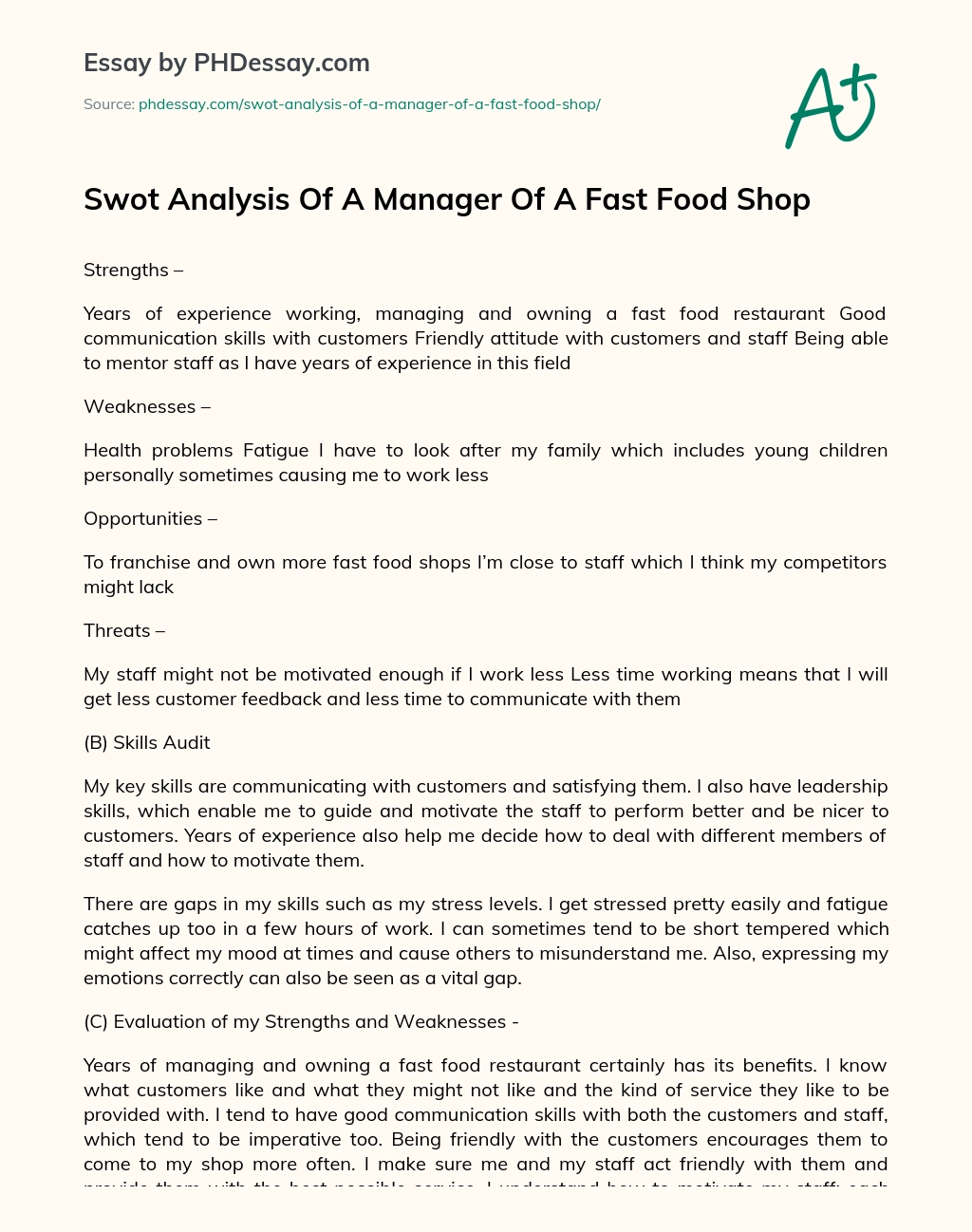 Swot Analysis Of A Manager Of A Fast Food Shop essay