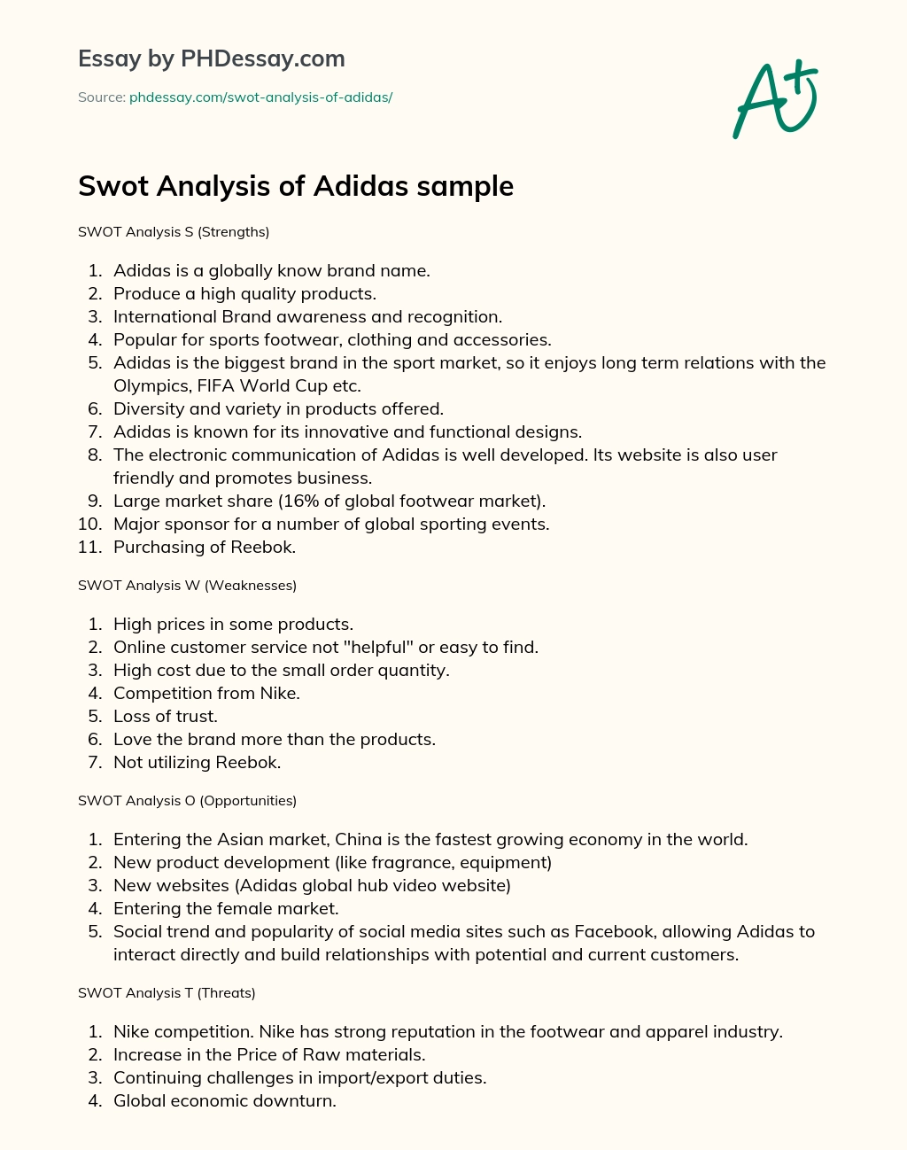 Swot Analysis of Adidas sample essay