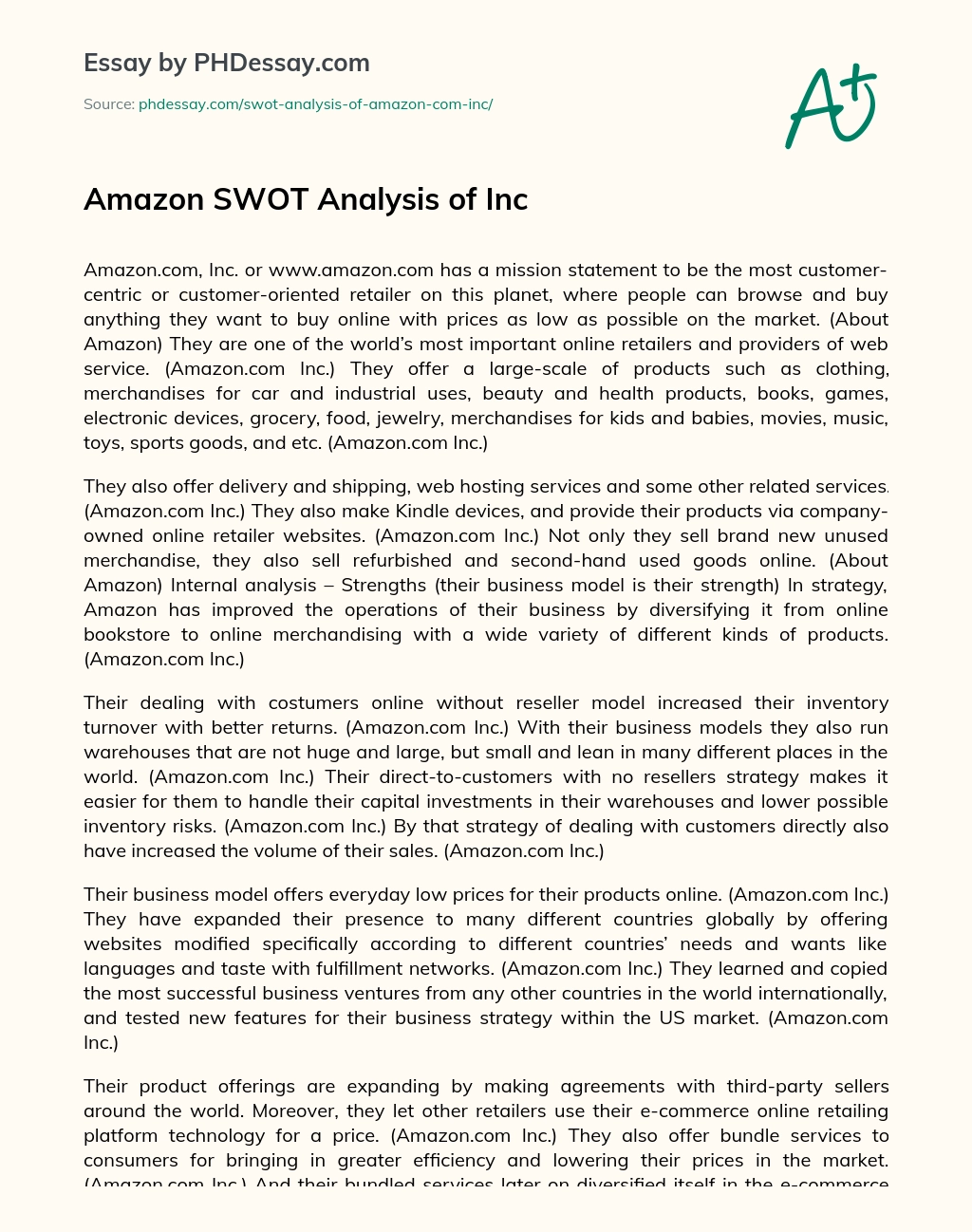 Amazon SWOT Analysis of Inc essay