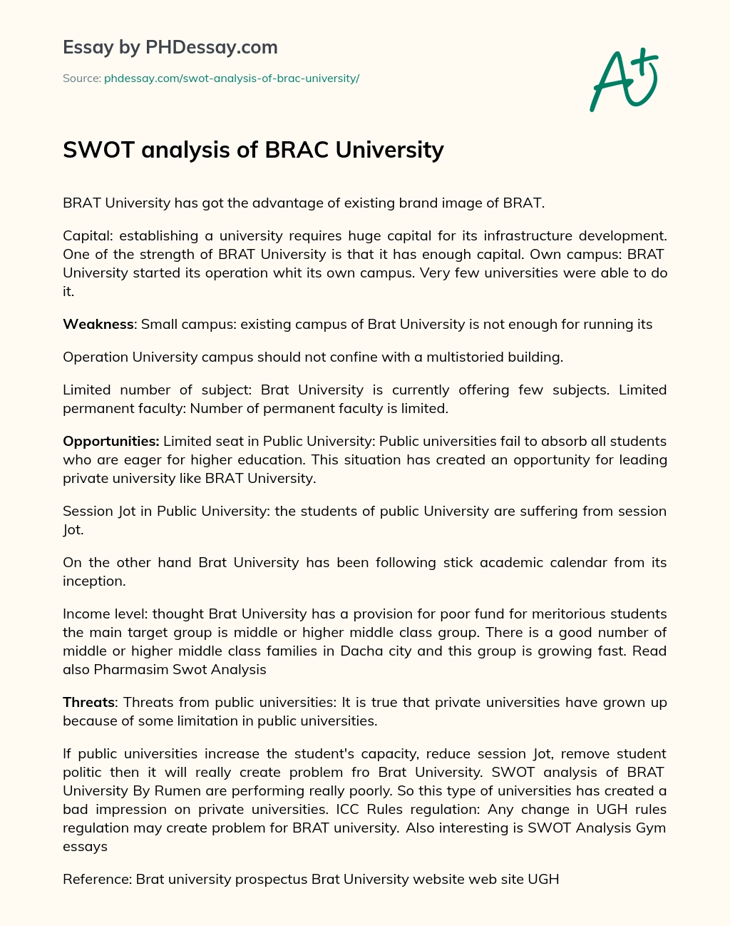 SWOT analysis of BRAC University essay