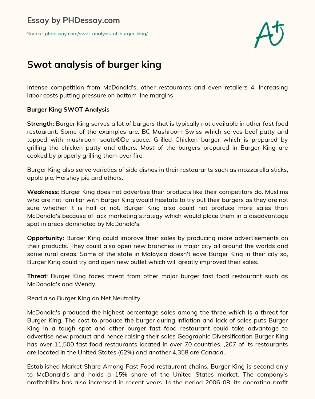 Challenges Faced by Burger King in the Fast Food Industry essay