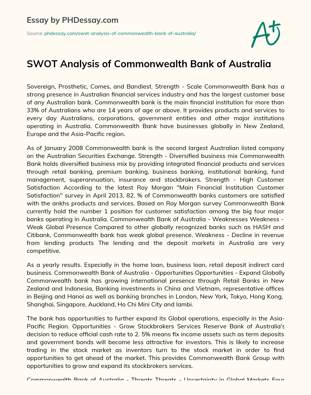 SWOT Analysis of Commonwealth Bank of Australia essay