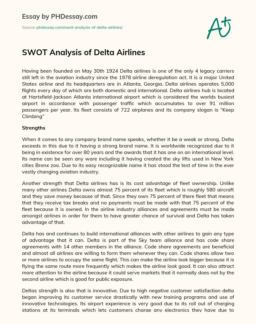 SWOT Analysis of Delta Airlines essay