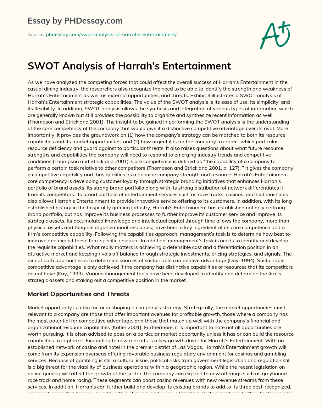 SWOT Analysis of Harrah’s Entertainment essay