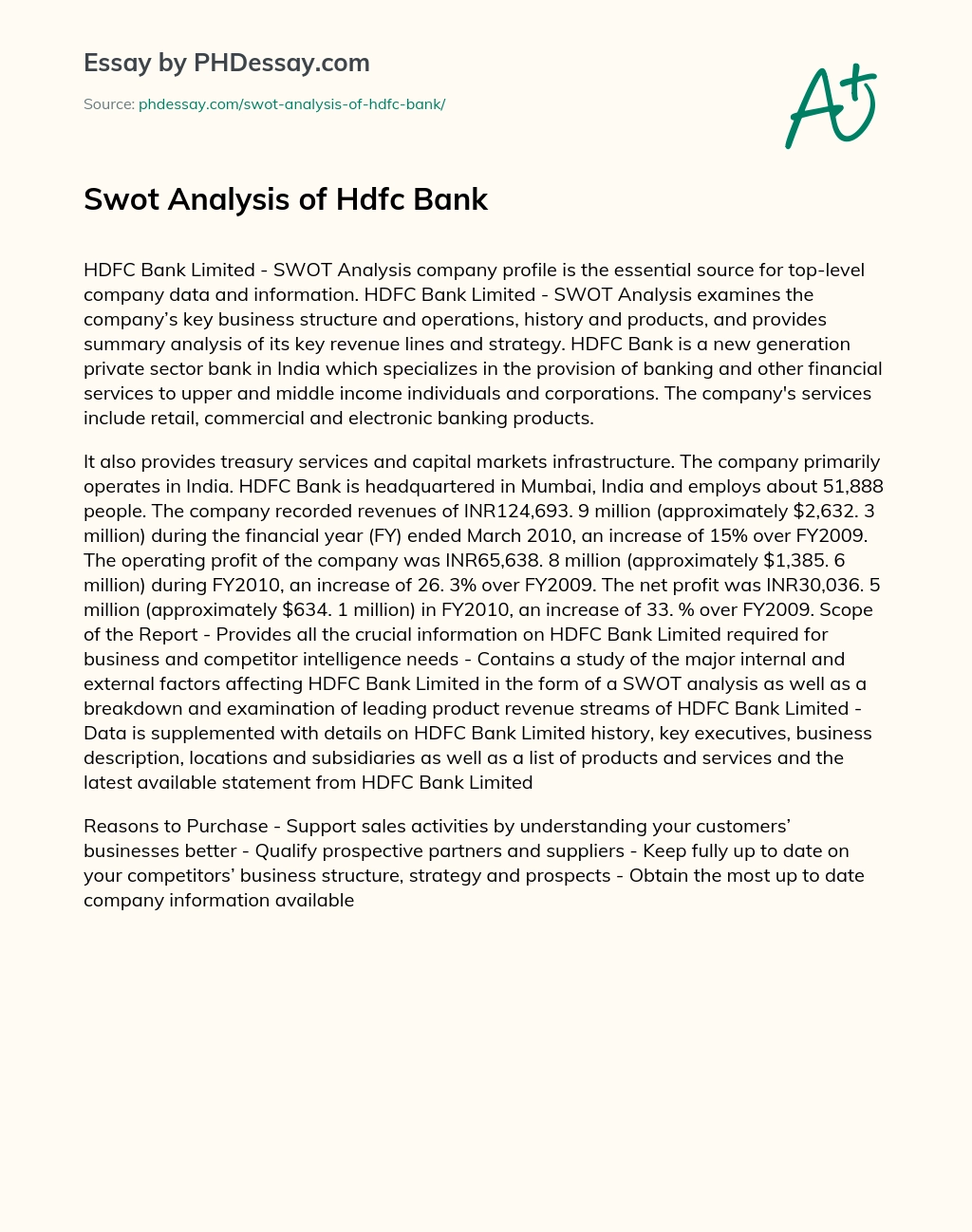 Swot Analysis of Hdfc Bank essay
