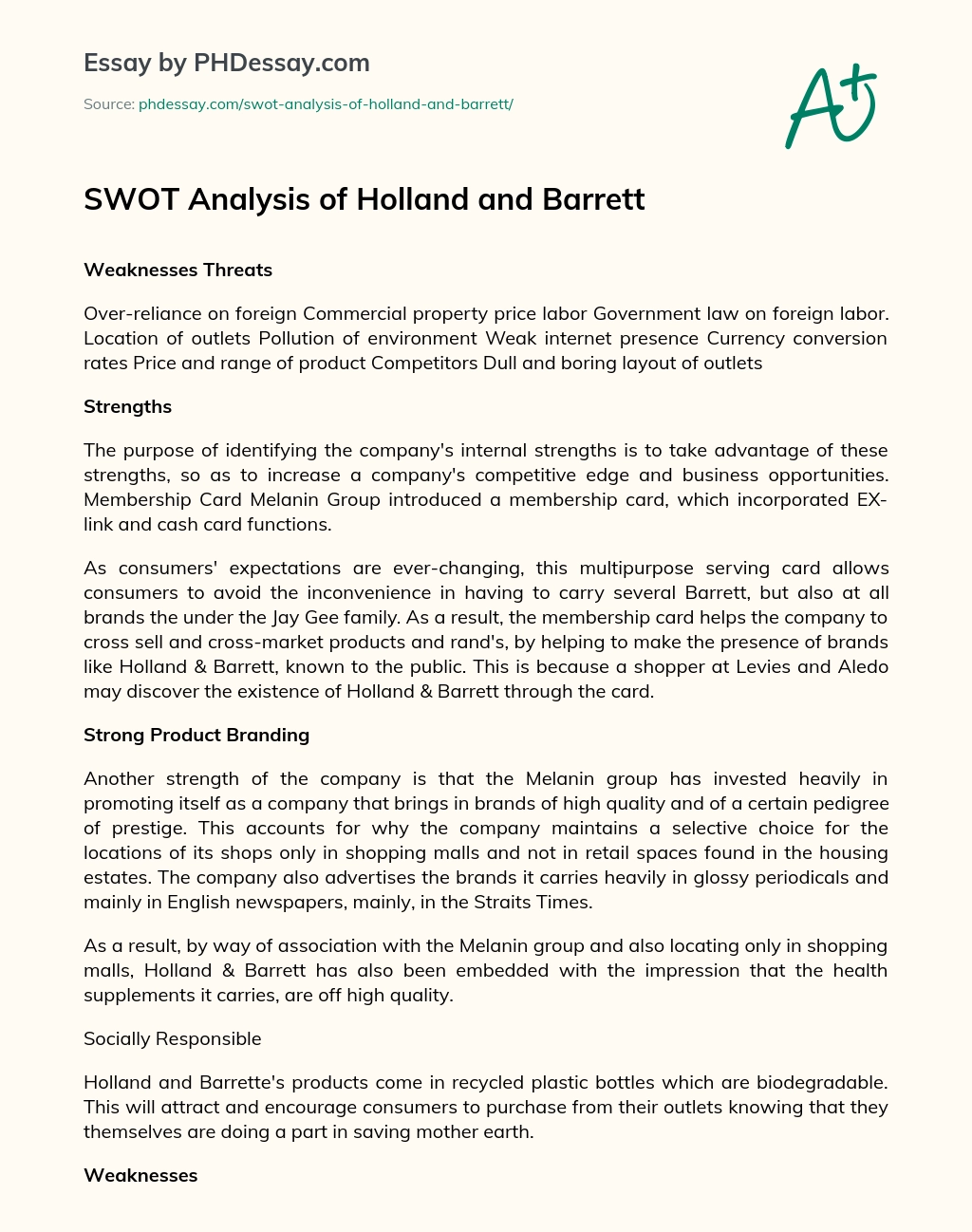 SWOT Analysis of Holland and Barrett essay