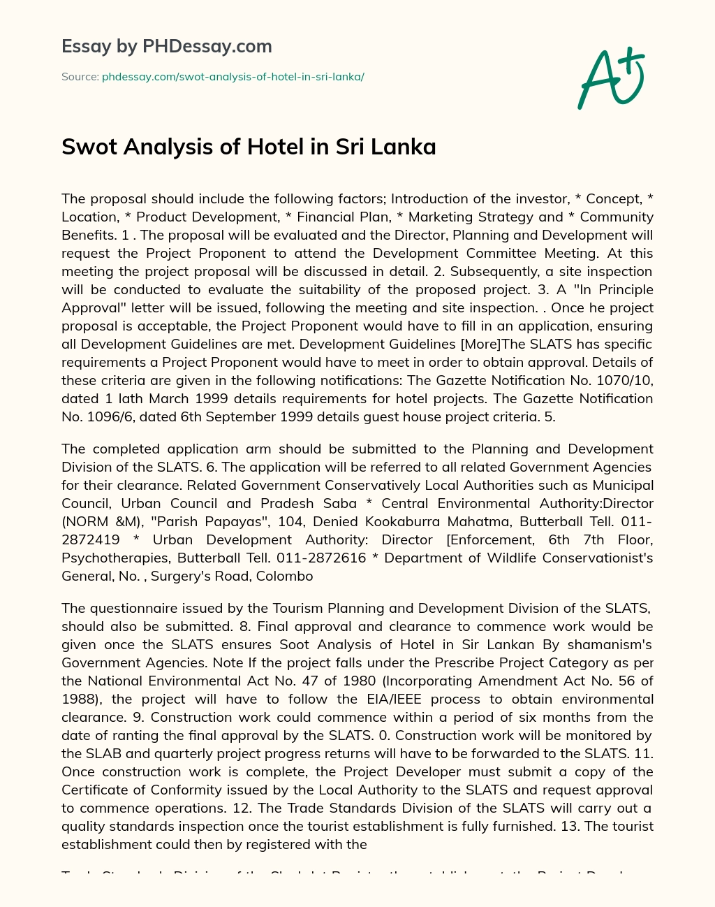 Swot Analysis of Hotel in Sri Lanka essay