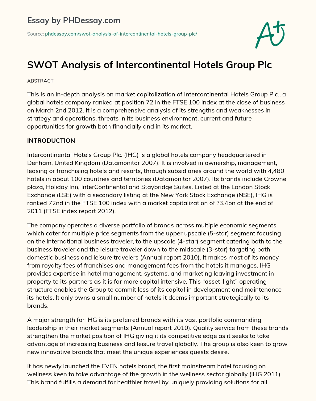 SWOT Analysis of Intercontinental Hotels Group Plc essay