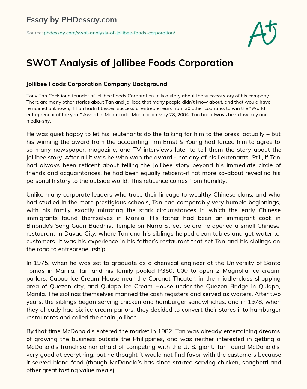 SWOT Analysis of Jollibee Foods Corporation essay