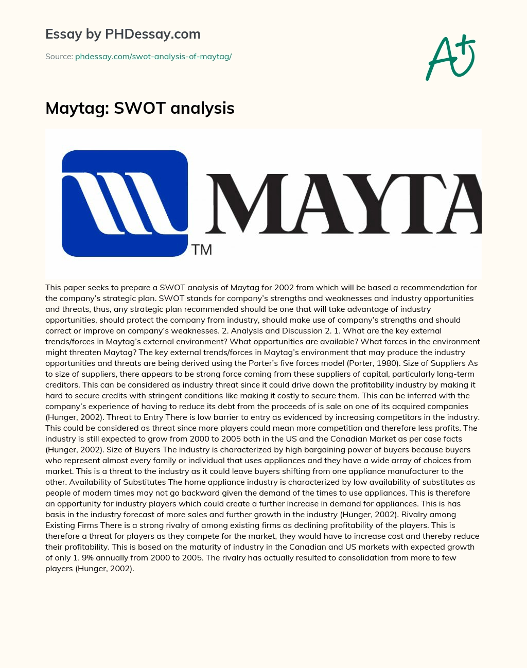 Maytag: SWOT analysis essay