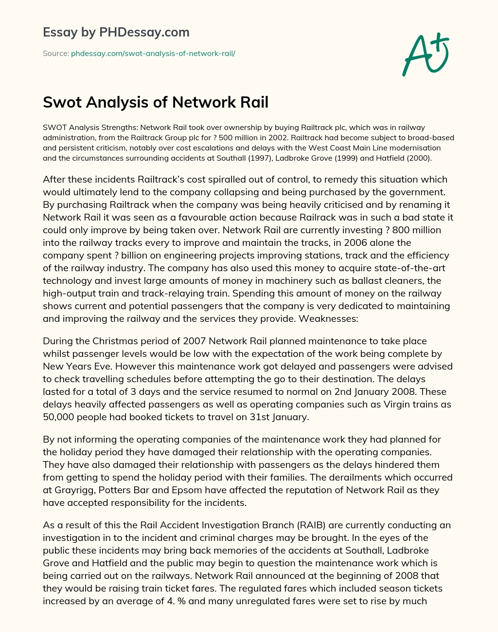 Swot Analysis of Network Rail essay