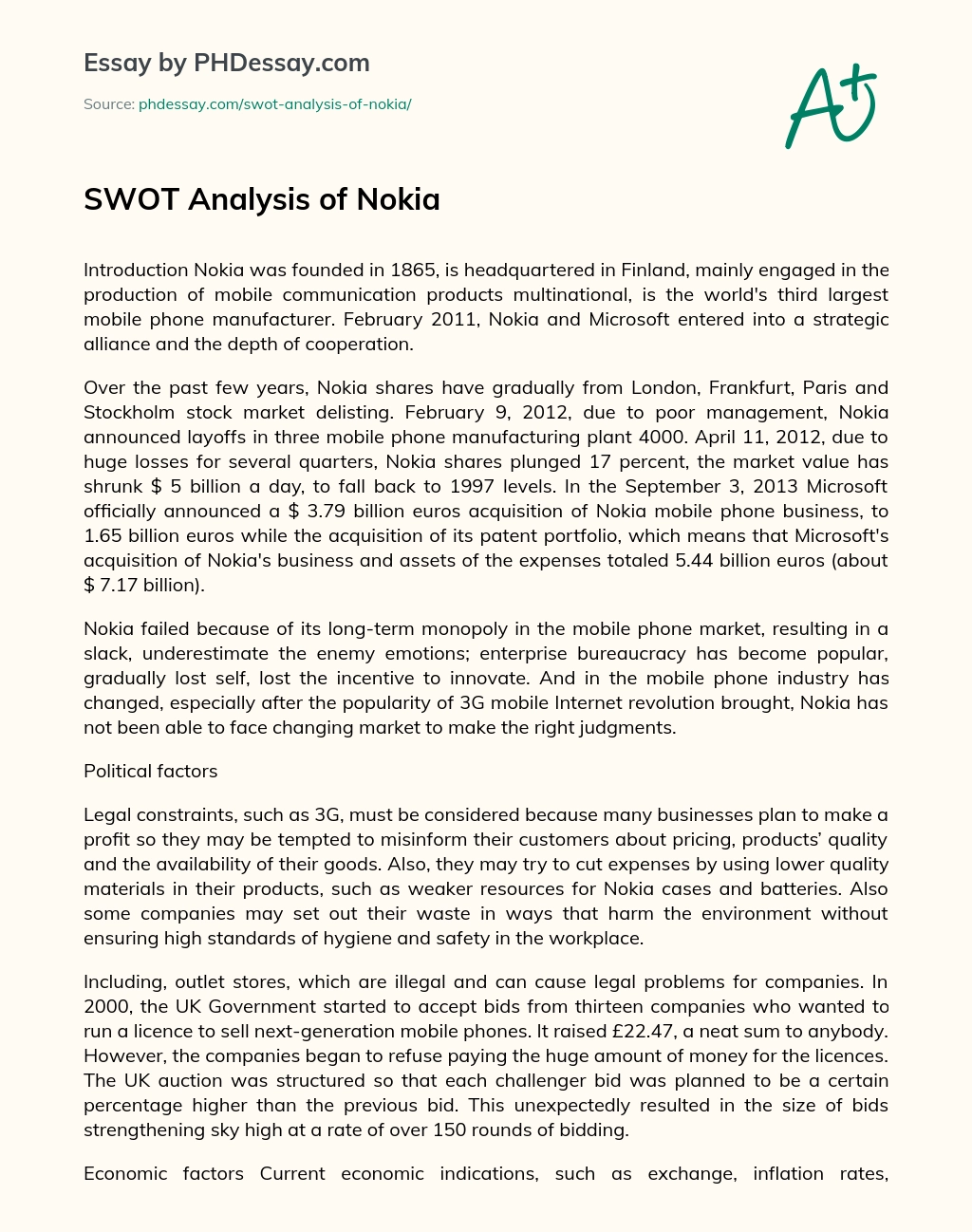 SWOT Analysis of Nokia essay
