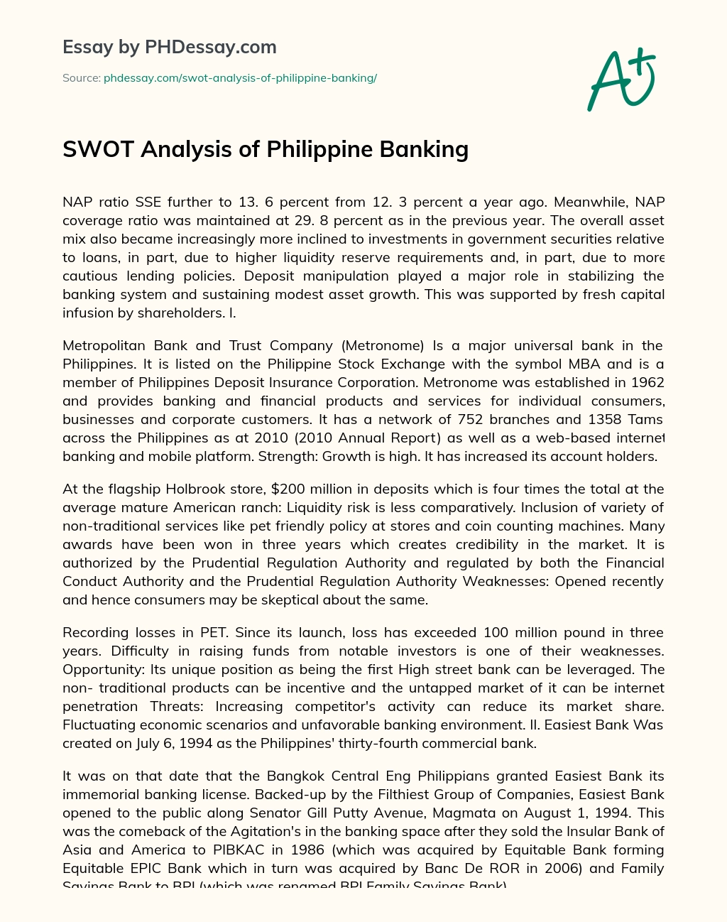 SWOT Analysis of Philippine Banking essay