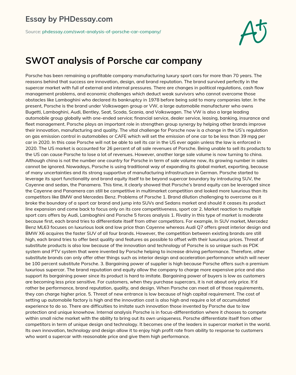 SWOT Analysis of Porsche Car Company essay