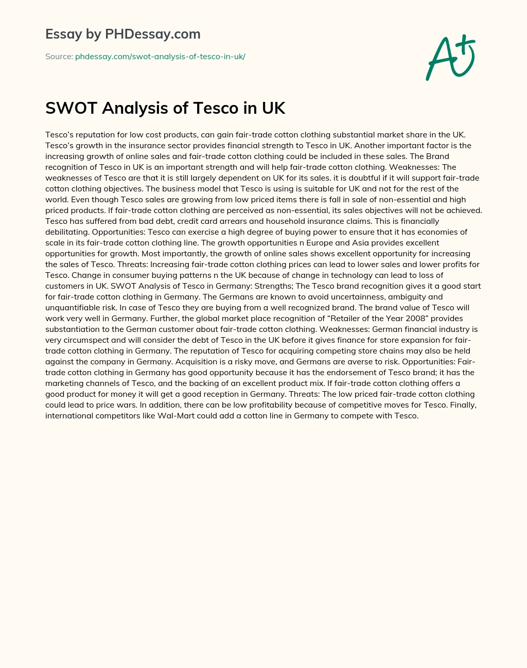 SWOT Analysis of Tesco in UK essay