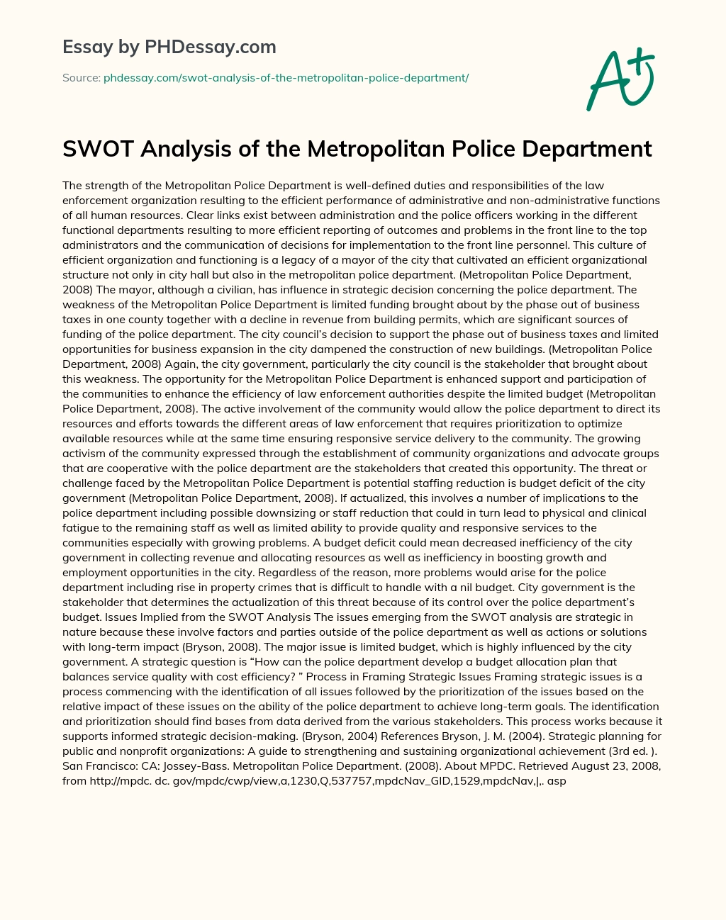 SWOT Analysis of the Metropolitan Police Department essay