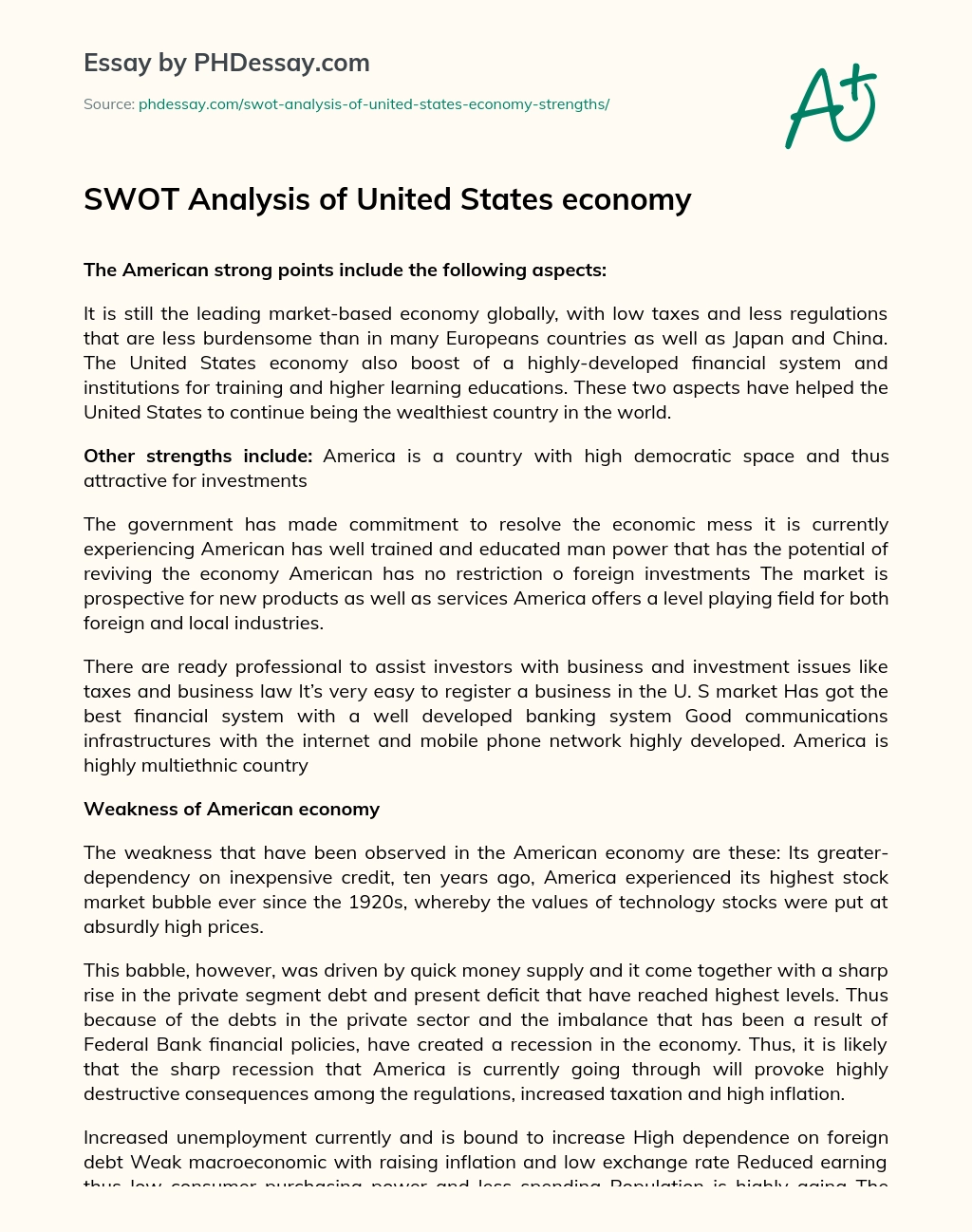 SWOT Analysis of United States economy essay