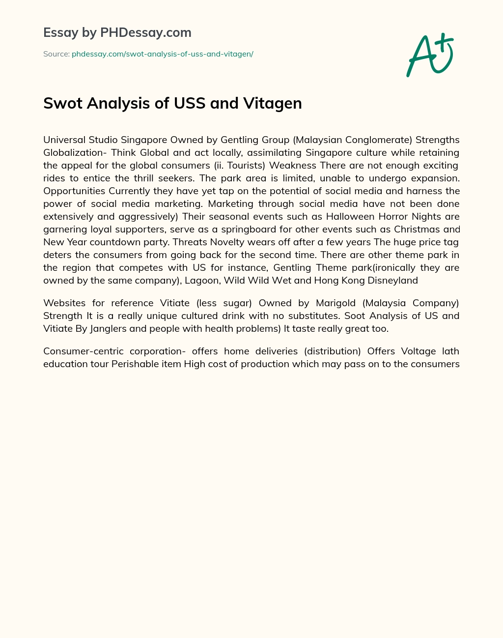 Swot Analysis of USS and Vitagen essay