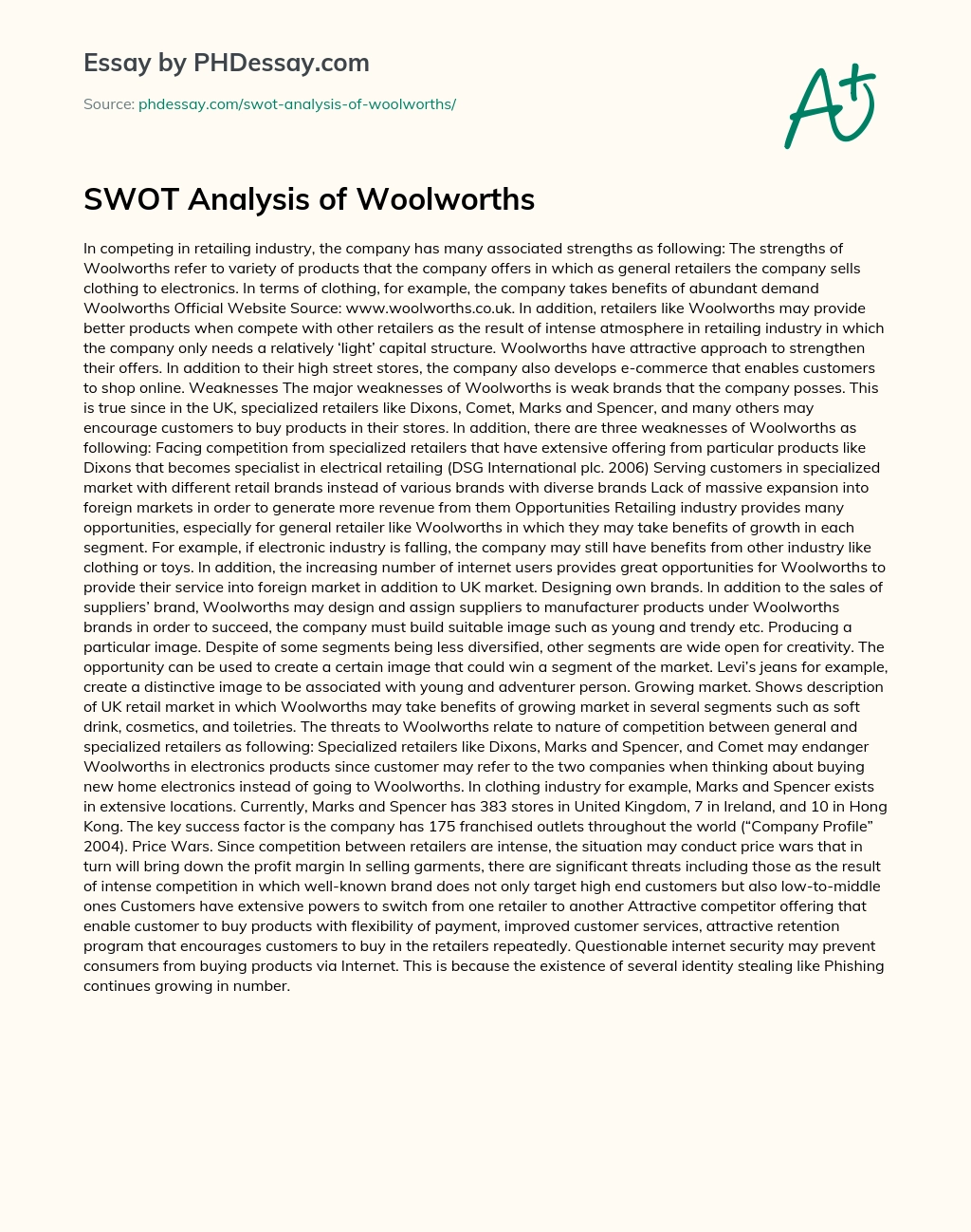 SWOT Analysis of Woolworths essay