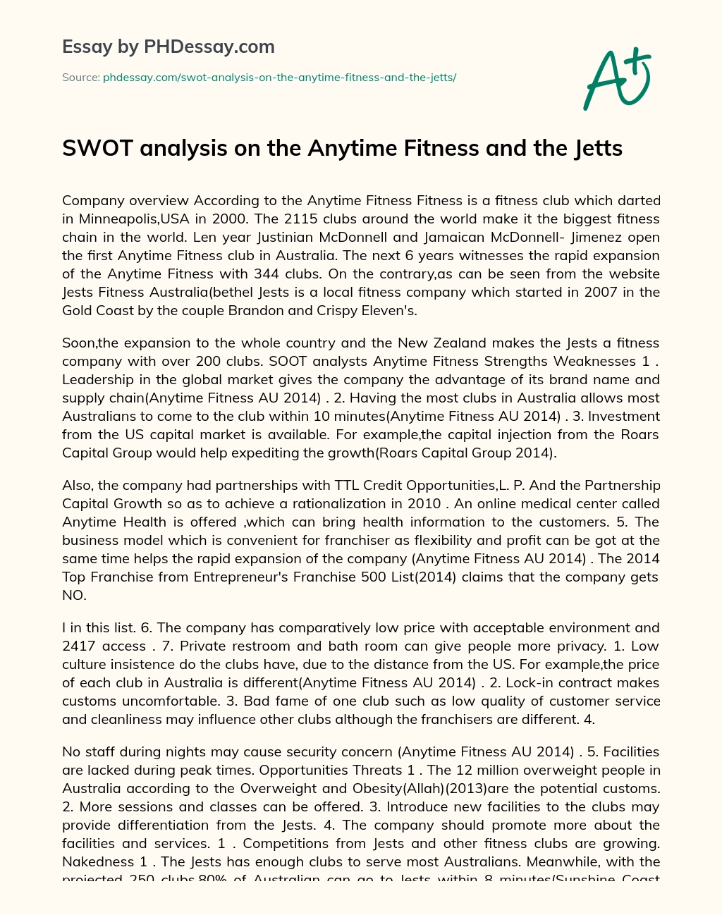 SWOT analysis on the Anytime Fitness and the Jetts essay