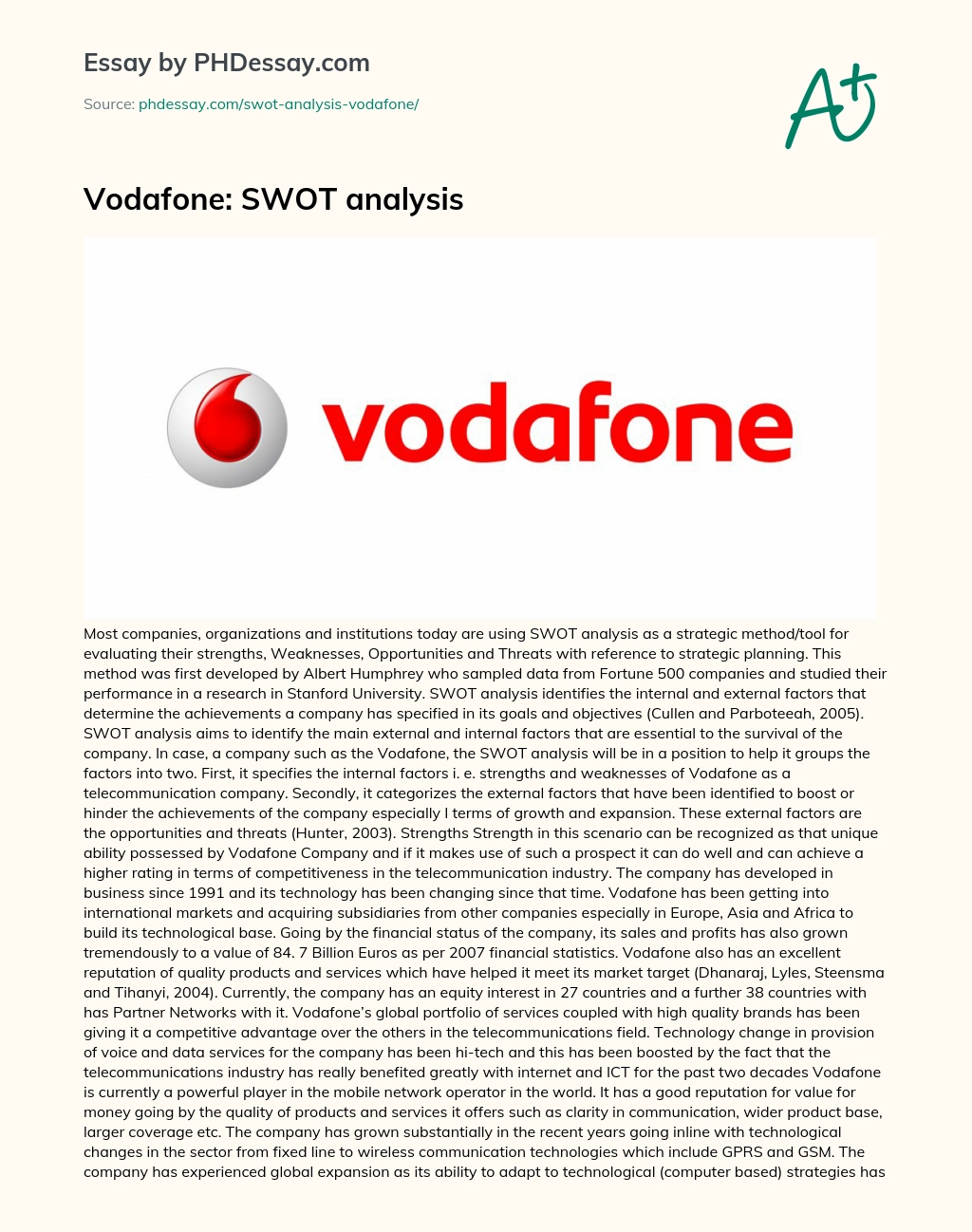 Vodafone: SWOT analysis essay