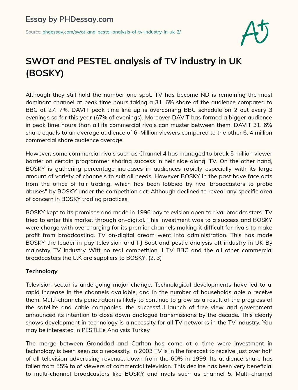 SWOT and PESTEL analysis of TV industry in UK (BOSKY) essay