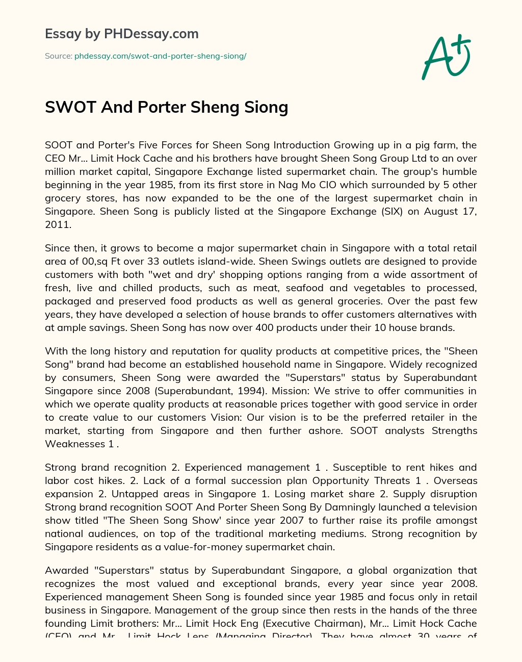 SWOT And Porter Sheng Siong essay