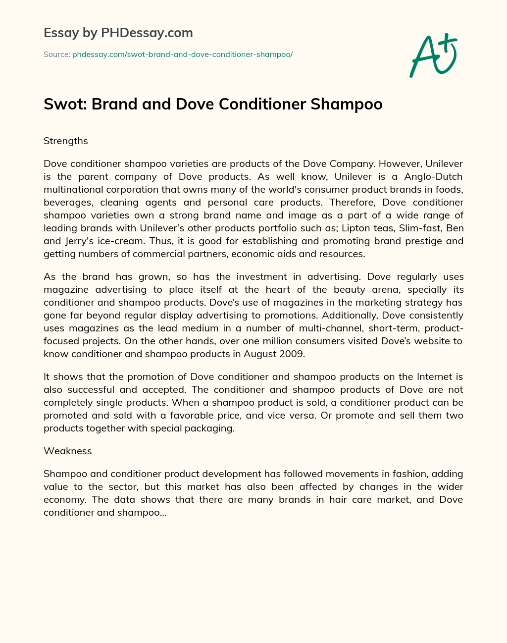 Swot: Brand and Dove Conditioner Shampoo essay