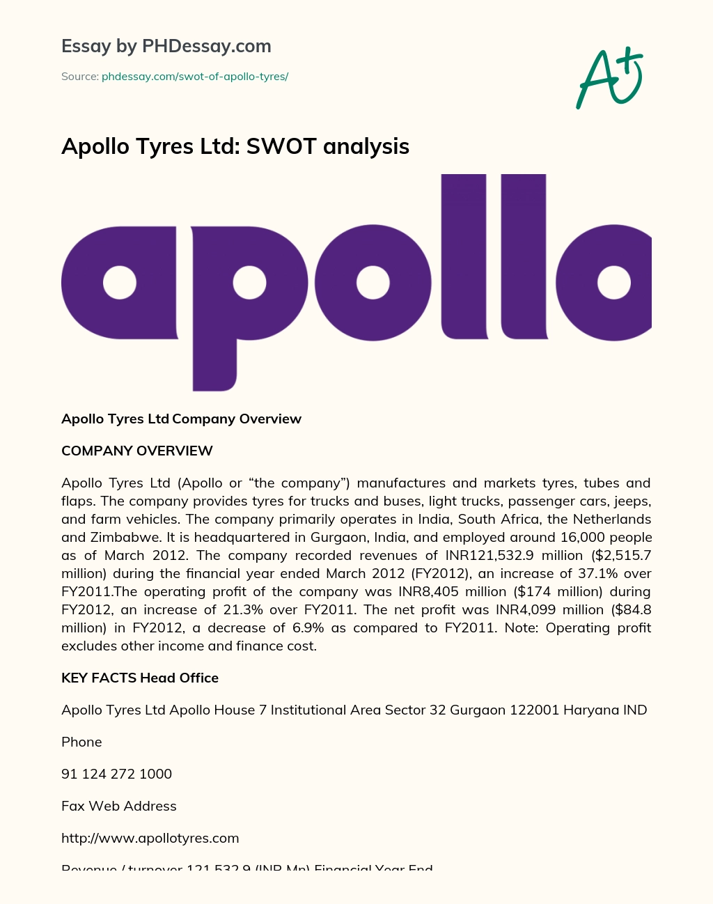 Apollo Tyres Ltd: SWOT analysis essay